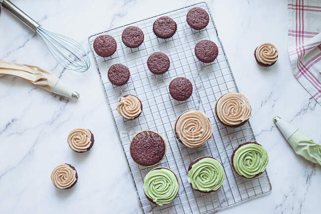 Vue aérienne des cupcakes au chocolat avec glaçage à la menthe et à la crème au beurre au café sur un support de refroidissement — Photo de stock