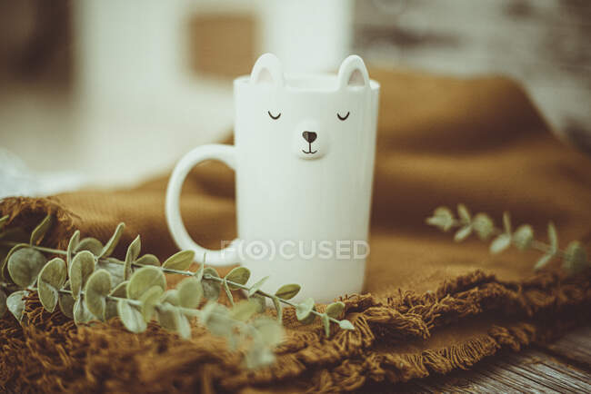 Animal cup on blanket with eucalyptus branches — Stock Photo