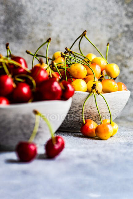 Close up shot of two bowls of red and yellow cherries — Stock Photo