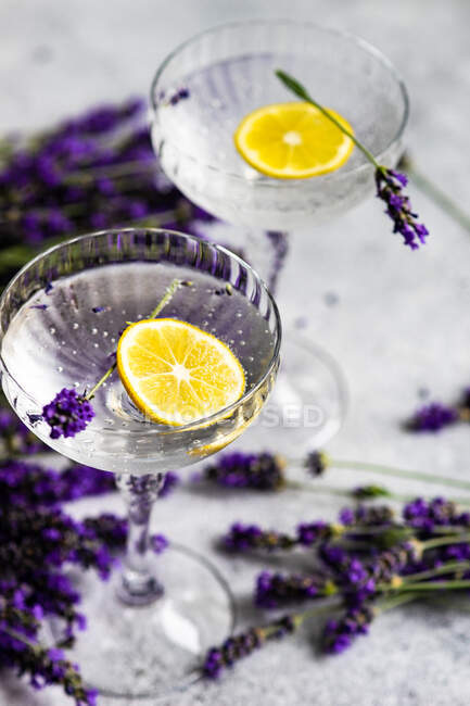 Verres de gin tonique citron et fleurs de lavande sur une table — Photo de stock