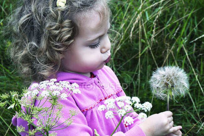 Girl standing in a meadow blowing a dandelion clock, Poland — Stock Photo