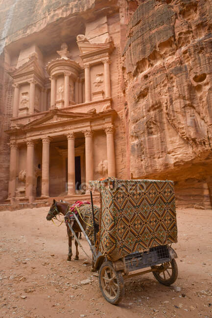 Stunning view from a cave of the Ad Deir - Monastery in the ancient city of Petra, Jordan: Incredible UNESCO World Heritage Site. — Stock Photo