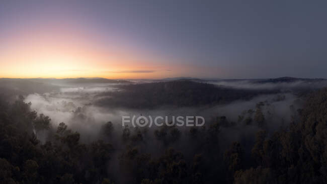 Vista aérea del paisaje montañoso brumoso al amanecer, Melbourne, Victoria, Australia - foto de stock