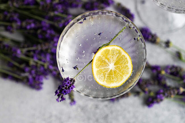 Окуляри з лимонного джину з тоніком і лавандовими квітами на столі — стокове фото