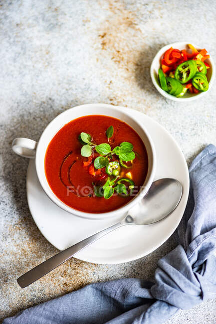 Sopa de tomate de verano servida en un tazón con especias y hierbas sobre fondo de hormigón - foto de stock