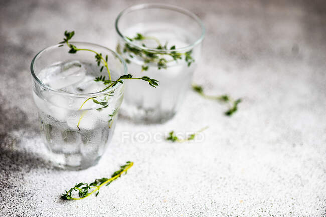 Dos cócteles de martini con hielo y guarnición de orégano - foto de stock
