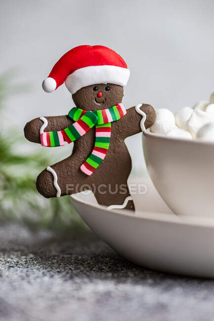 Noël homme pain d'épice dans un biscuit santa chapeau à côté d'une tasse de mini guimauves — Photo de stock
