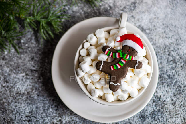 Homem de pão de gengibre de Natal em um biscoito de chapéu de santa ao lado de uma xícara de mini marshmallows — Fotografia de Stock