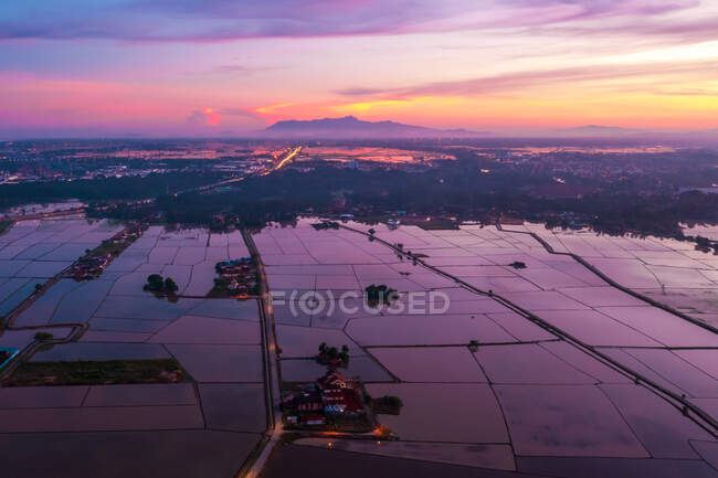 Vue aérienne des rizières inondées au coucher du soleil, Malaisie — Photo de stock