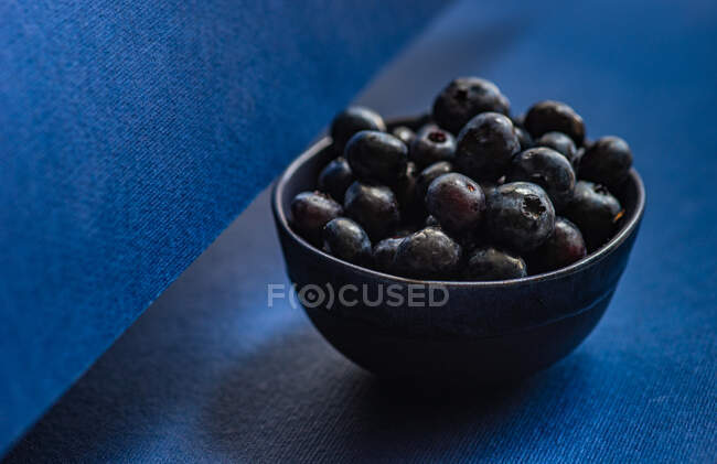 Raw organic blueberry in ceramic bowl on textured background same blue color — Stock Photo