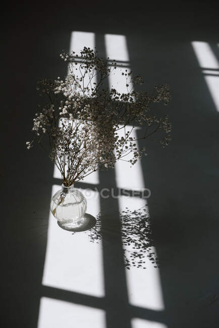 Куча цветов в стеклянной вазе при утреннем свете — стоковое фото