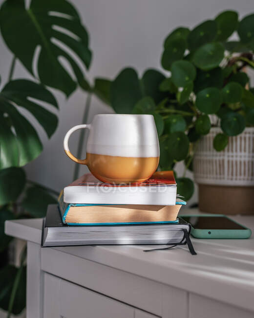 Três livros, caneca e telefone celular em aparador branco com vasos de plantas — Fotografia de Stock