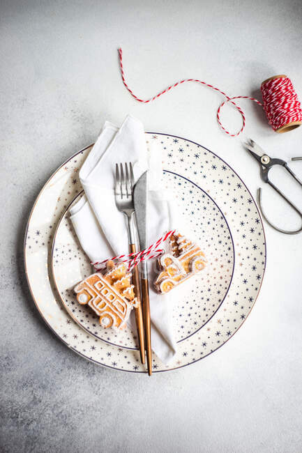 Christmas decorated dishes with gingerbread cookies — Stock Photo