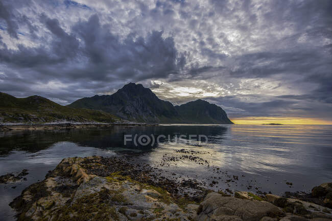 Rochas refletindo na água na praia, Lofoten, Nordland, Noruega — Fotografia de Stock