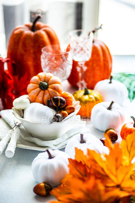 Table setting festive decorated with pumpkins — Stock Photo