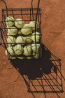 Vista ad alto angolo di cesto di palline da tennis in piedi sul campo — Foto stock