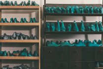 Pezzi di calzature di plastica su ripiani a negozio di calzolaio — Foto stock