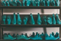 Reihen von verschiedenen Schuhleisten in den Regalen — Stockfoto