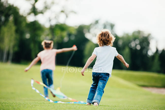 Hermanos jugando con cometa - foto de stock