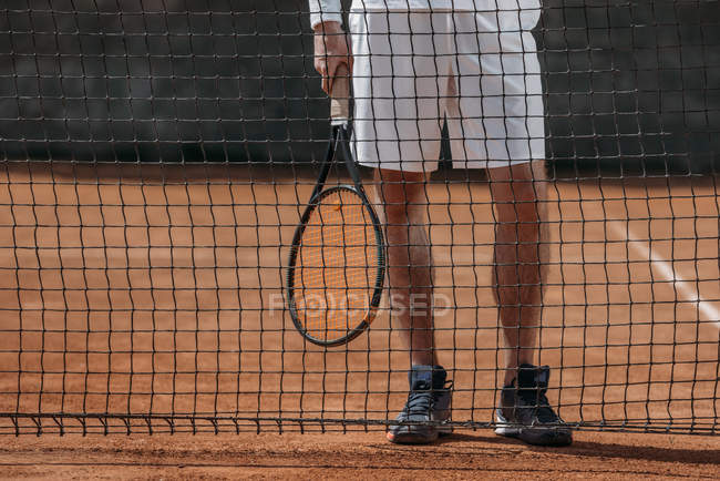 Tiro ritagliato di tennista con racchetta in piedi dietro rete — Foto stock