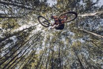 Vista inferior do atleta extremo pulando com bicicleta na floresta — Fotografia de Stock
