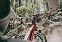 Обрезанное изображение велосипеда велосипедиста в лесу — стоковое фото